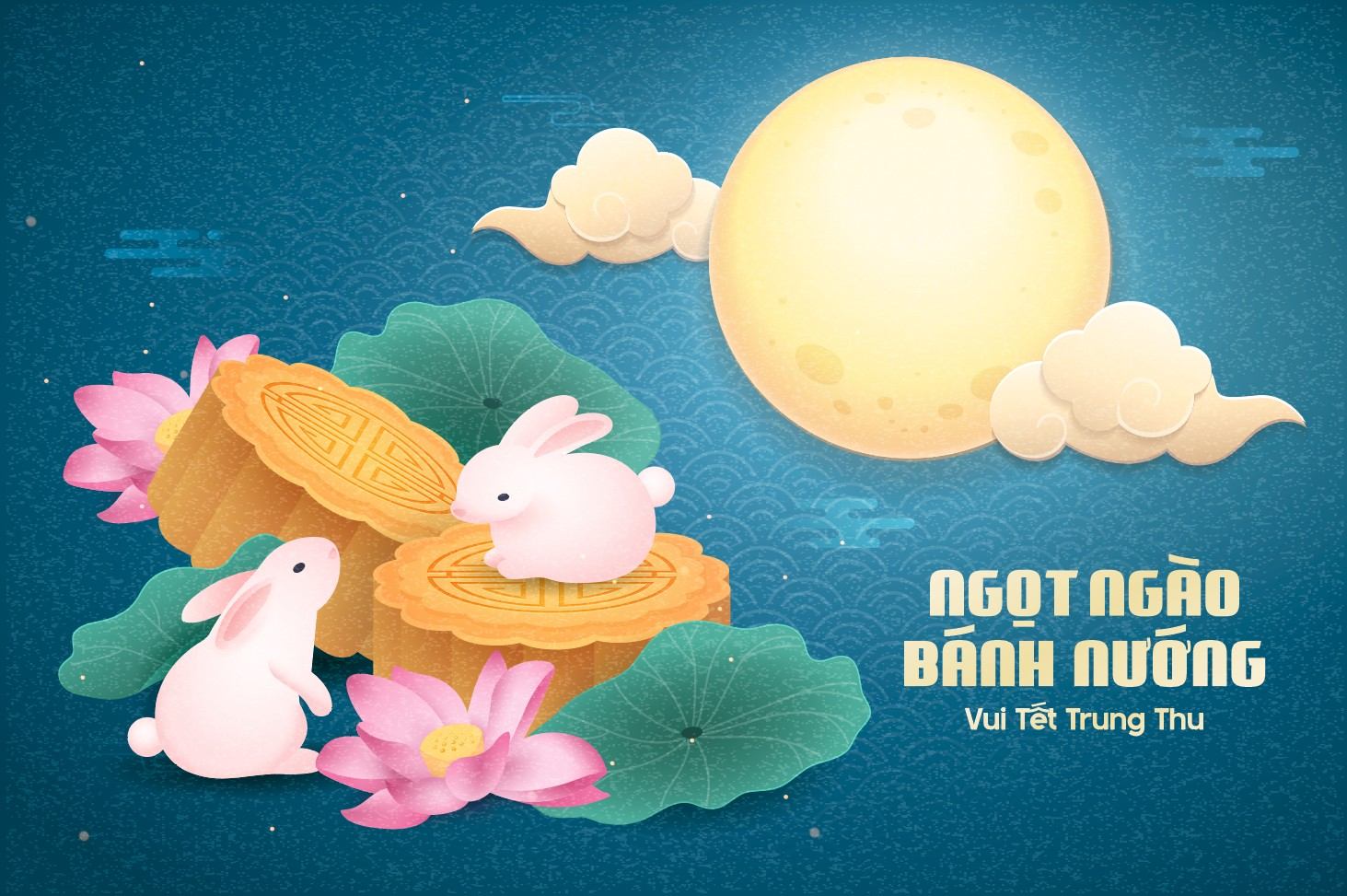 Baked Mooncake Banner, Mid-Autumn Festival with Rabbit, Lotus Flowers and Full Moon, banner bánh trung thu, thỏ ngọc, hoa sen